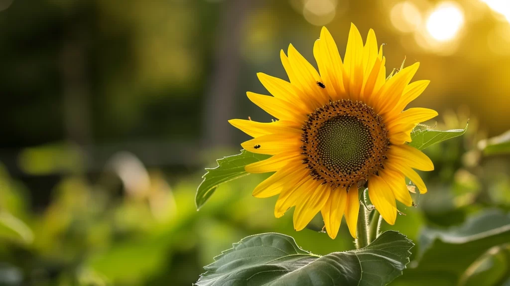 A sunflower with brown spots on the leaves, visible insect bites, and a small cluster of aphids on the underside of a leaf, set against a healthy garden background.