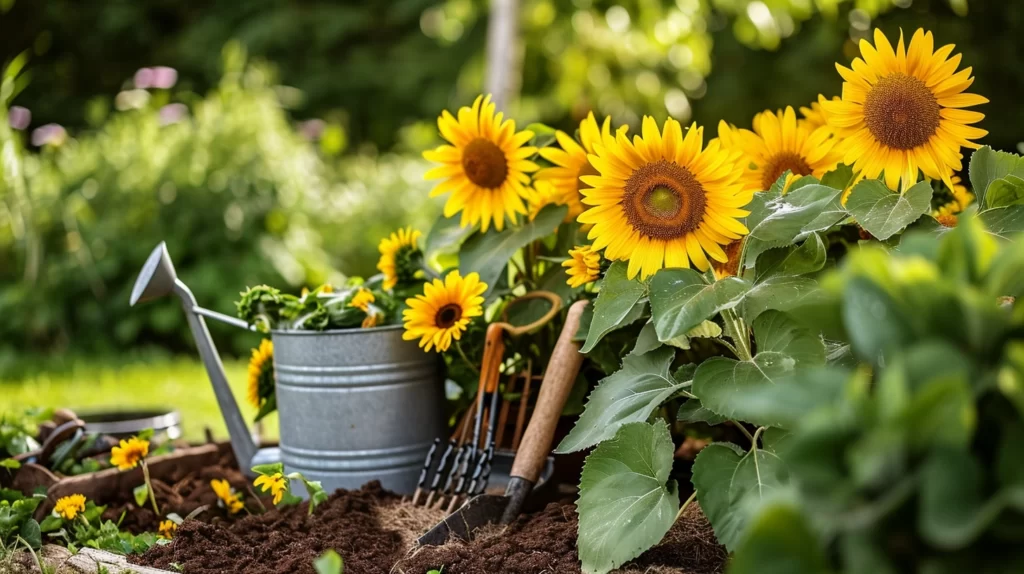 Healthy sunflowers with vibrant green leaves, alongside gardening tools, a watering can, and a shield symbolizing protection against brown leaf spots, all set in a well-maintained garden setting.