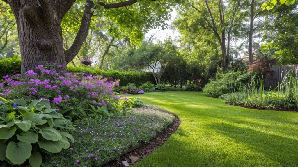 A lush groundcover of creeping thyme encircling an oak tree, with neat, intertwined living willow edging, in a vibrant, well-manicured garden setting.
