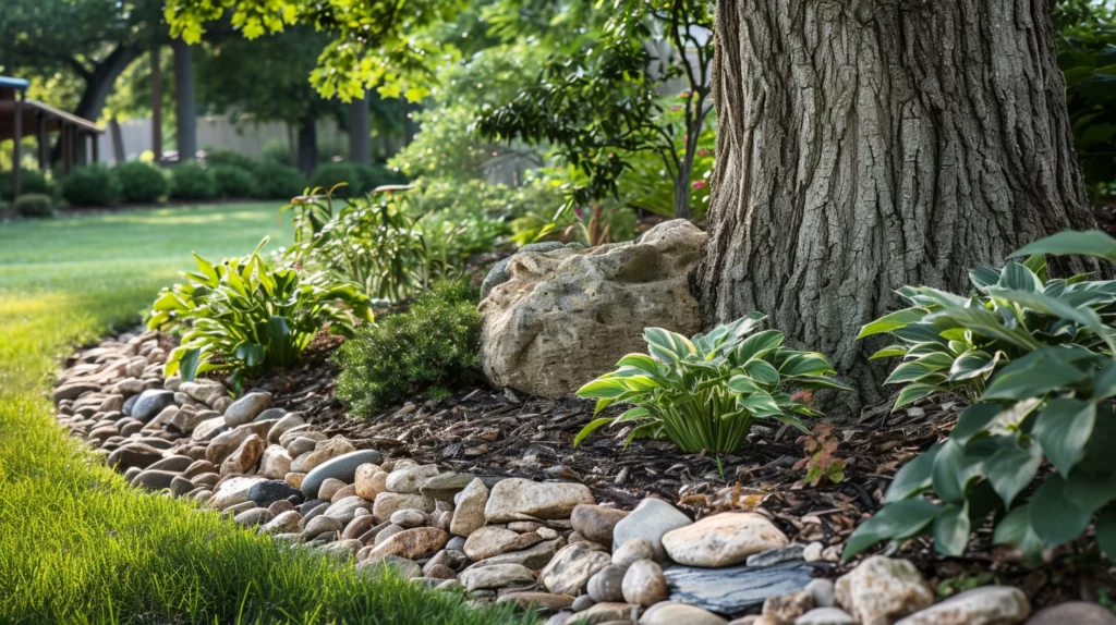 An elegant natural stone border around an oak tree, with various shapes and shades of stones, creatively arranged to enhance the tree's base in a lush, manicured garden setting.