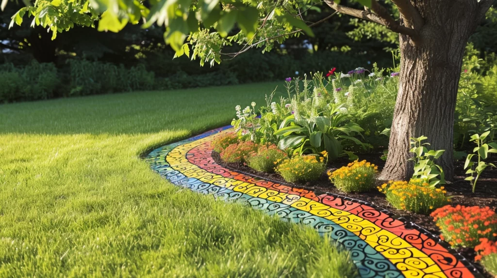 A vibrant, hand-painted tree edging, featuring whimsical patterns and bright colors, set against a neatly manicured lawn with a tree as the central element.