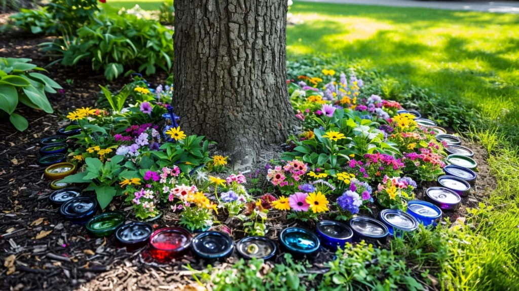 A circular tree base edged with colorful, inverted recycled glass bottles, nestled in lush green grass, with mulch and vibrant flowers inside the bottle boundary.
