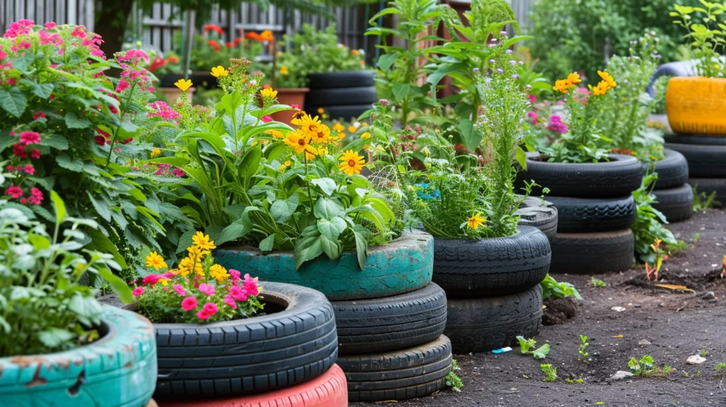 A colorful, whimsical garden filled with raised beds made from repurposed tires. These show a variety of plants and flowers thriving in the unique, eco-friendly containers. 