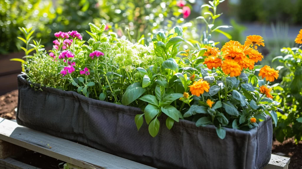 A fabric planter filled with vibrant flowers and herbs, placed on a raised garden bed. These show the versatility of the fabric planter by displaying its ability to support a variety of plants. 