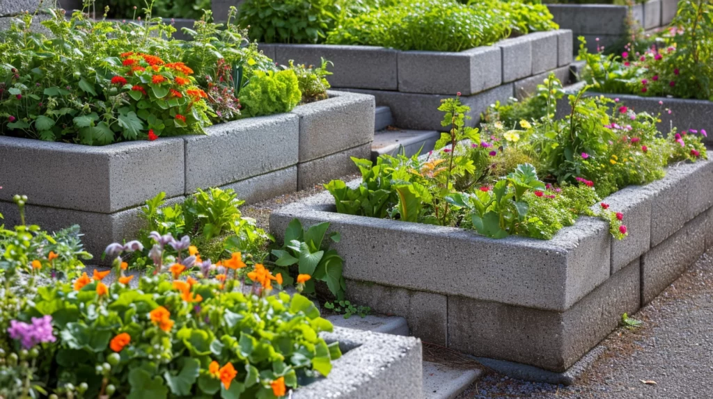 A garden with raised beds made of modular cinderblocks, arranged in a variety of layouts. These garden beds show different levels, shapes, and plantings to inspire readers. 