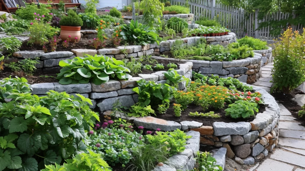 A garden with raised stone and brick beds. This image shows different textures and colors of the materials, as well as the variety of plants growing in each bed.