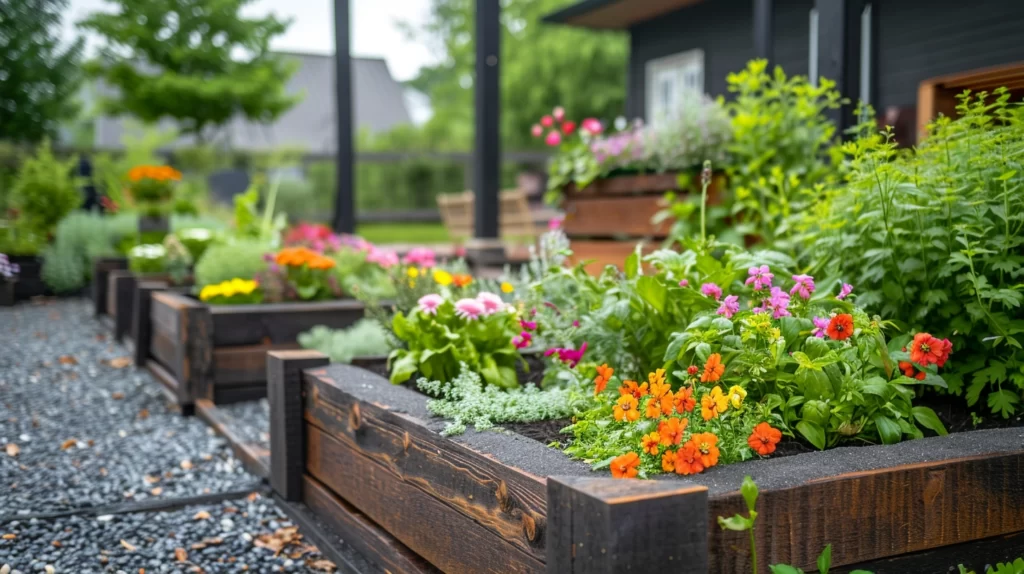 A mixed material raised bed garden, featuring a combination of wood, metal, and stone materials. The garden is a showcase of a variety of plants and flowers in full bloom.