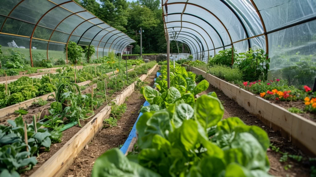 A raised bed garden with a hoop house covering, showing innovative ways to extend the growing season and protect plants from harsh weather. The beds include a variety of vegetables and flowers.