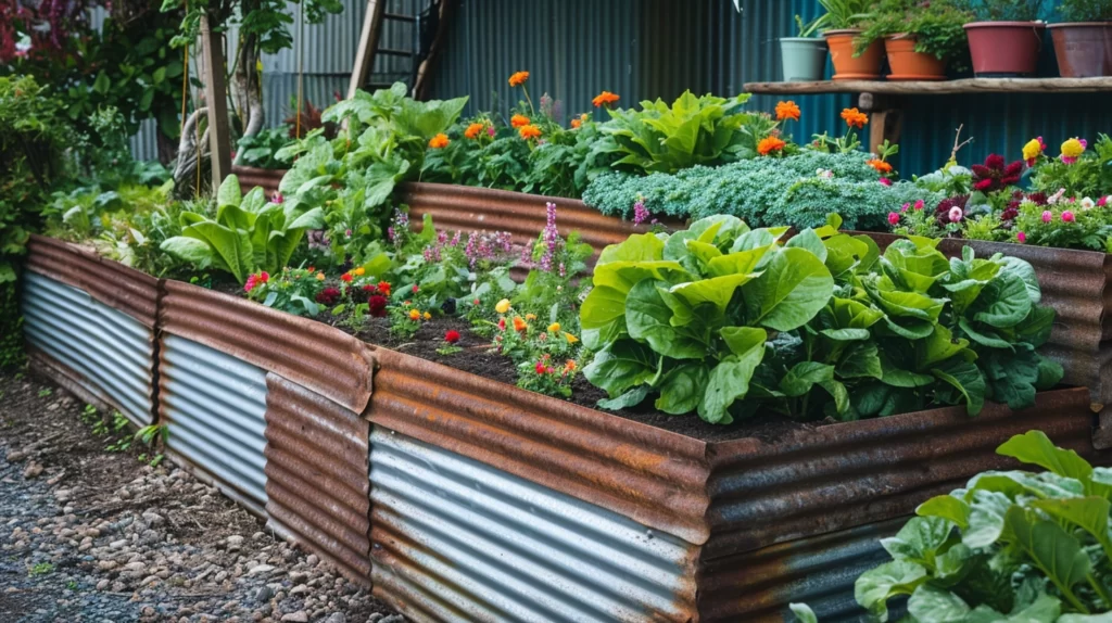 A raised garden bed made with corrugated metal, filled with lush green plants, surrounded by a variety of colorful flowers and vegetables. The metal is weathered and rustic, adding charm to the garden space.
