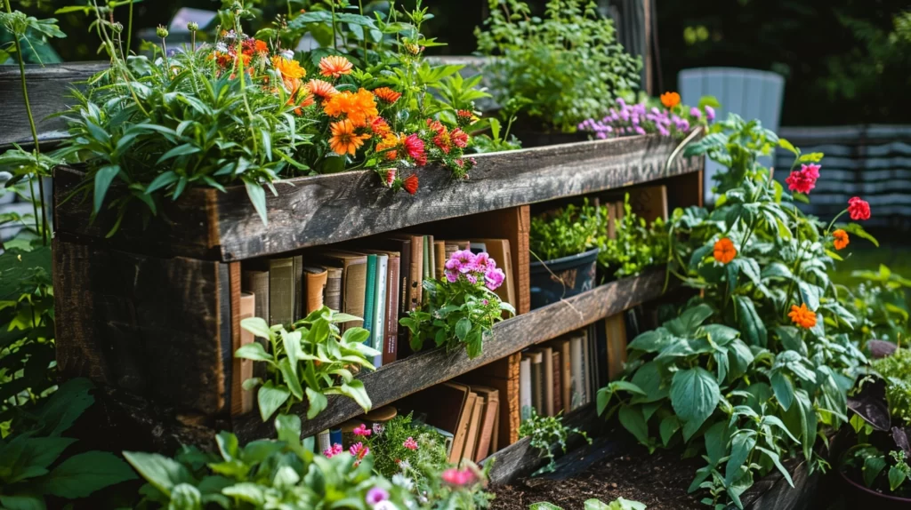 A repurposed bookshelf turned into a raised bed planter. The bookshelf is filled with vibrant flowers and herbs, adding a touch of creativity to the garden.