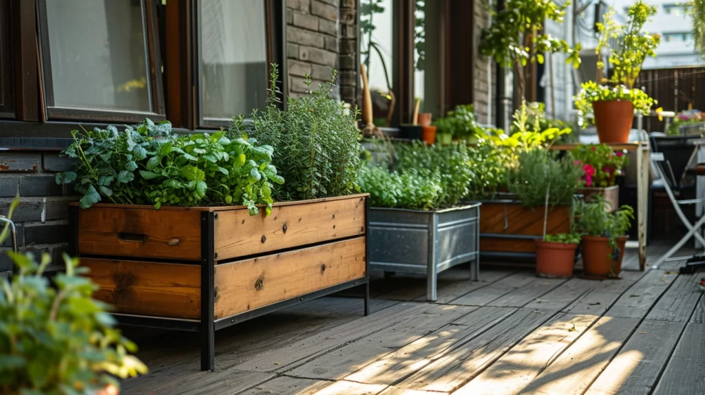 A small patio with various types of portable raised garden beds, such as wooden planters and metal troughs, filled with flourishing herbs and vegetables. The containers are arranged in a visually appealing and practical way. 