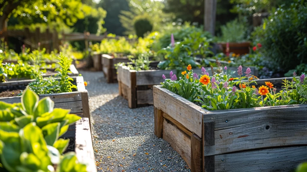 A sunny garden with raised beds outlined by beautiful, weathered wood frames. The raised beds are filled with vibrant flowers and vegetables, surrounded by lush greenery.