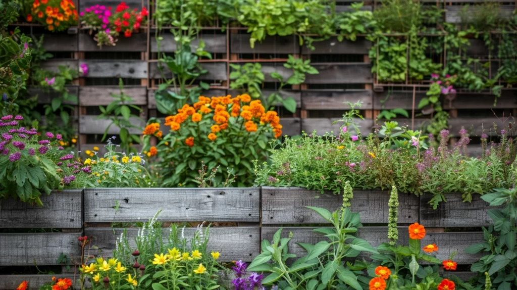 A vertical gardening structure, such as a trellis or wall-mounted planter, surrounded by raised beds filled with vibrant flowers and herbs. The beds use a mix of textures and colors to showcase the potential of vertical gardening in a raised bed garden. 