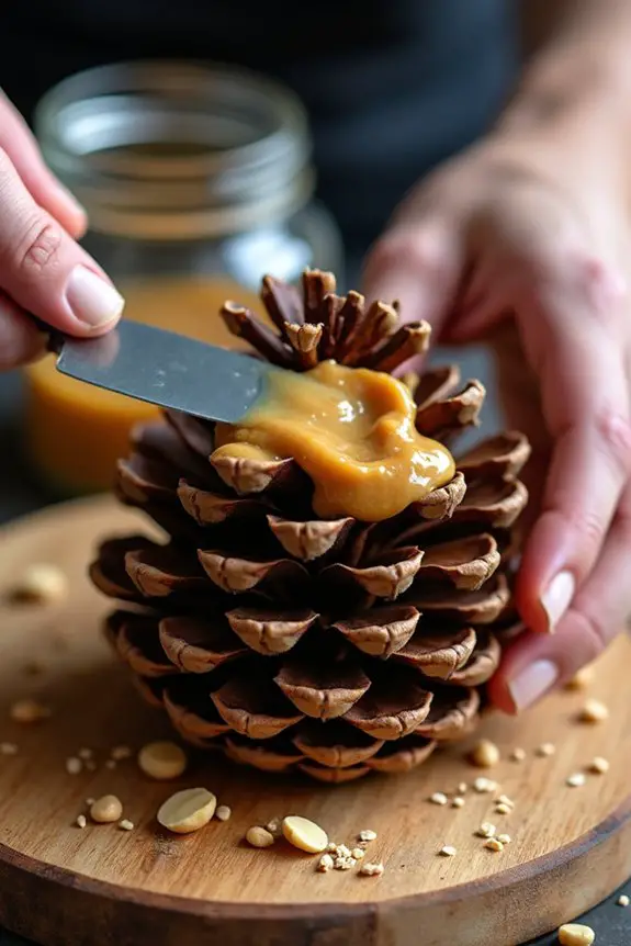 coating pinecones with peanut butter