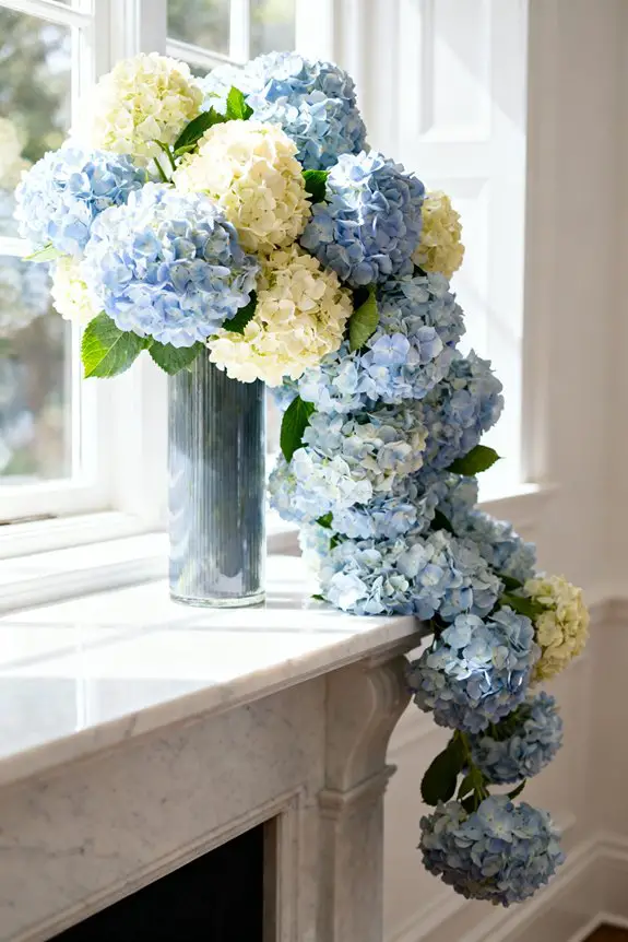 cascading hydrangea mantel arrangements