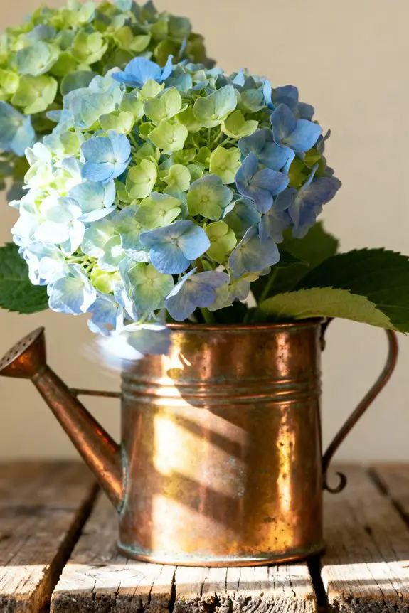 vintage containers with hydrangeas